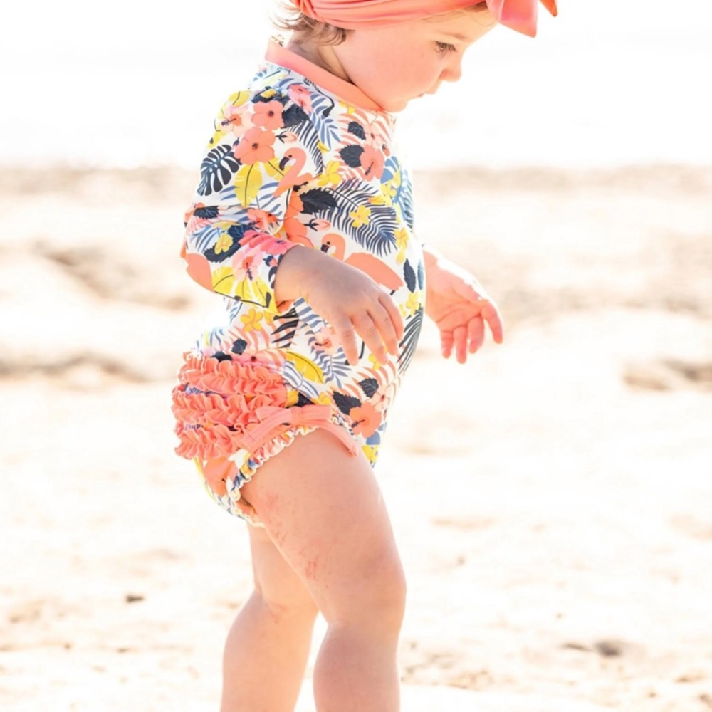 Ruffle Butts Tropical Flamingo One Piece Rash Guard- Size 6-12 months